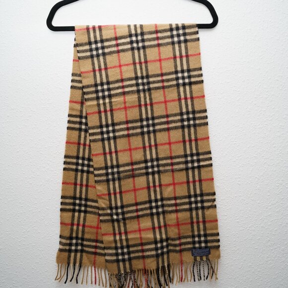 Authentic Burberry Classic Check Cashmere Fringe Scarf OS Tan/Black/Red - Picture 4 of 10